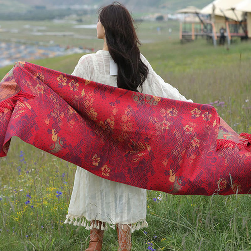 Chal con borlas y diseño de escamas de dragón rojo tibetano Mythstone para otoño e invierno, bufanda acogedora