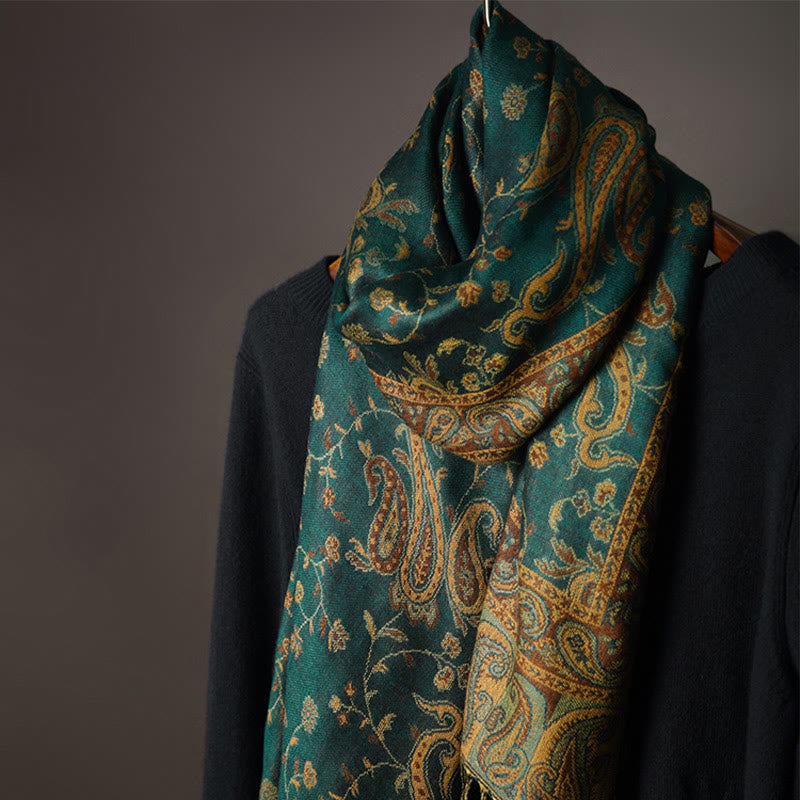 Mythstone Tibetan Cashew Flower Vine Print Tassels Shawl Fall Winter Soft Scarf Wrap