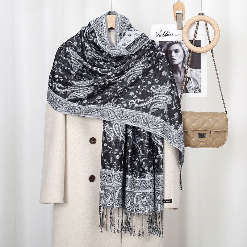 Mythstone Tibetan Cashew Flower Vine Print Tassels Shawl Fall Winter Soft Scarf Wrap