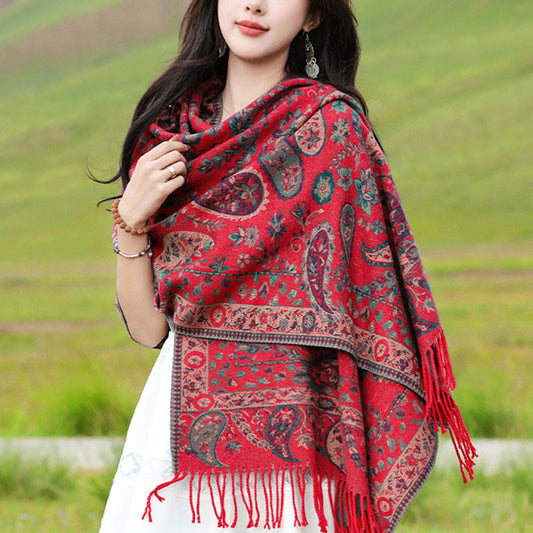 Mythstone Tibetan Cashew Flowers Leaves Vine Tassels Shawl Fall Winter Soft Cozy Scarf Wrap