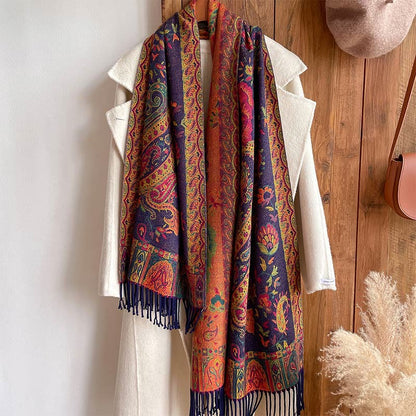 Mythstone Tibetan Cashew Peony Flowers Vine Tassels Shawl Fall Winter Cozy Scarf Wrap