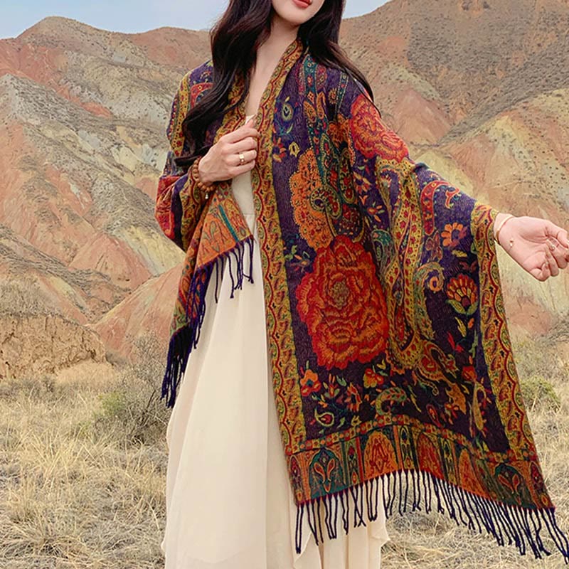 Mythstone Tibetan Cashew Peony Flowers Vine Tassels Shawl Fall Winter Cozy Scarf Wrap