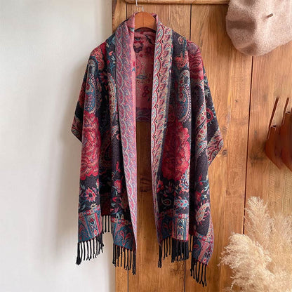 Mythstone Tibetan Cashew Peony Flowers Vine Tassels Shawl Fall Winter Cozy Scarf Wrap