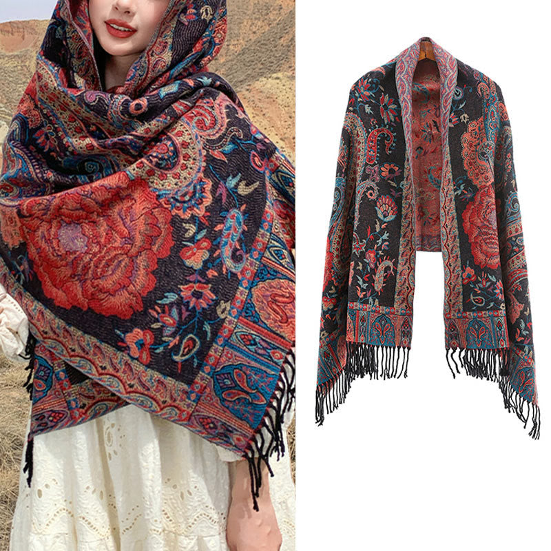 Mythstone Tibetan Cashew Peony Flowers Vine Tassels Shawl Fall Winter Cozy Scarf Wrap