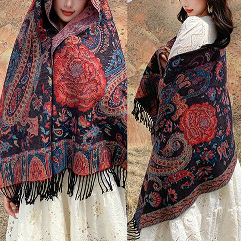 Mythstone Tibetan Cashew Peony Flowers Vine Tassels Shawl Fall Winter Cozy Scarf Wrap