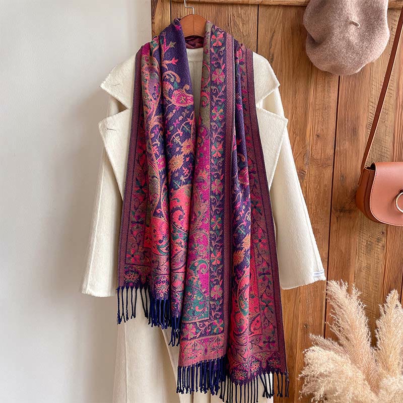 Mythstone Tibetan Cashew Flowers Vine Pattern Tassels Shawl Fall Winter Soft Scarf Wrap