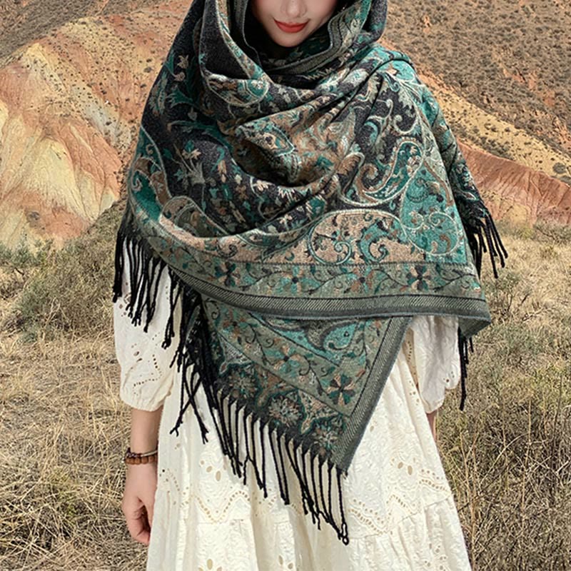 Mythstone Tibetan Cashew Flowers Vine Pattern Tassels Shawl Fall Winter Soft Scarf Wrap