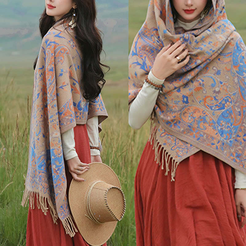 Mythstone Tibetan Cashew Flowers Vine Pattern Tassels Shawl Fall Winter Soft Scarf Wrap