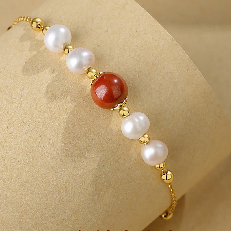 Mythstone 925 Sterling Silver Pearl Cinnabar Healing Bead Chain Bracelet