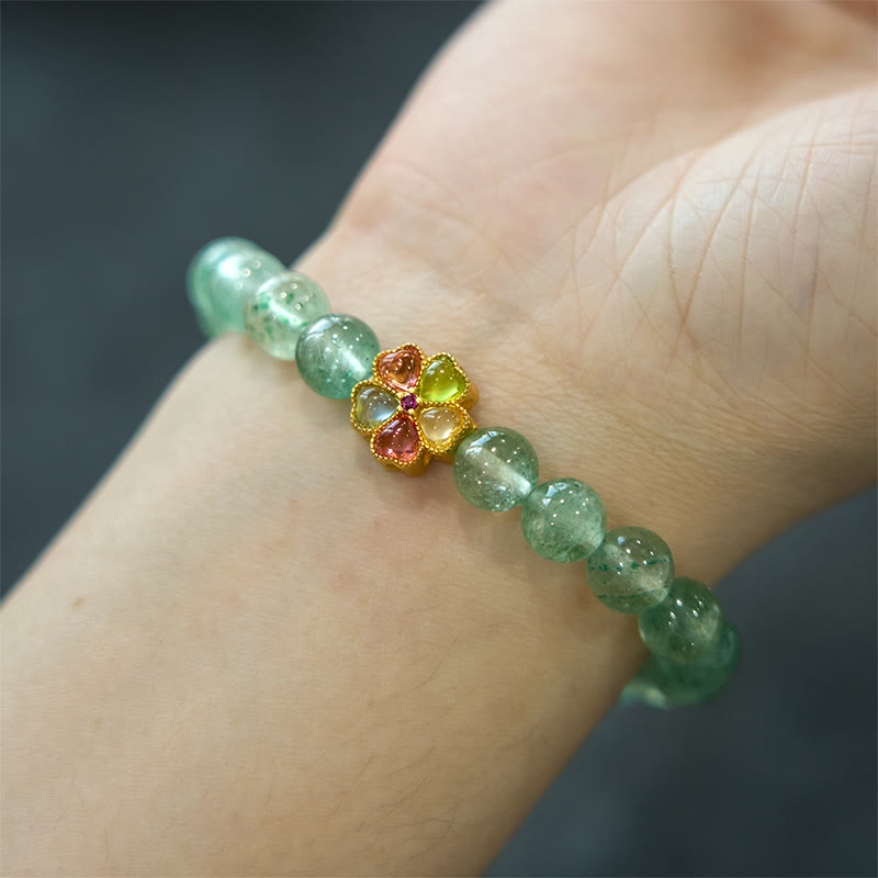 Mythstone Natural Green Strawberry Quartz Soothing Fu Character Bracelet