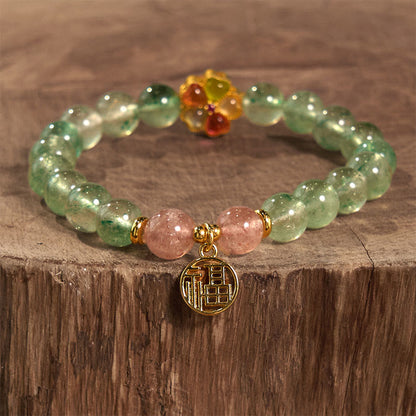 Mythstone Natural Green Strawberry Quartz Soothing Fu Character Bracelet