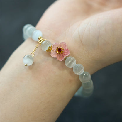 Pulsera de soporte con flores rosas y ojo de gato de crisoberilo Mythstone