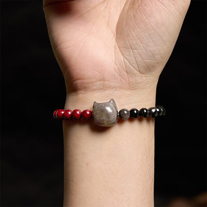 Mythstone Black Obsidian Cinnabar Silver Sheen Obsidian Cat Fulfilment Bracelet