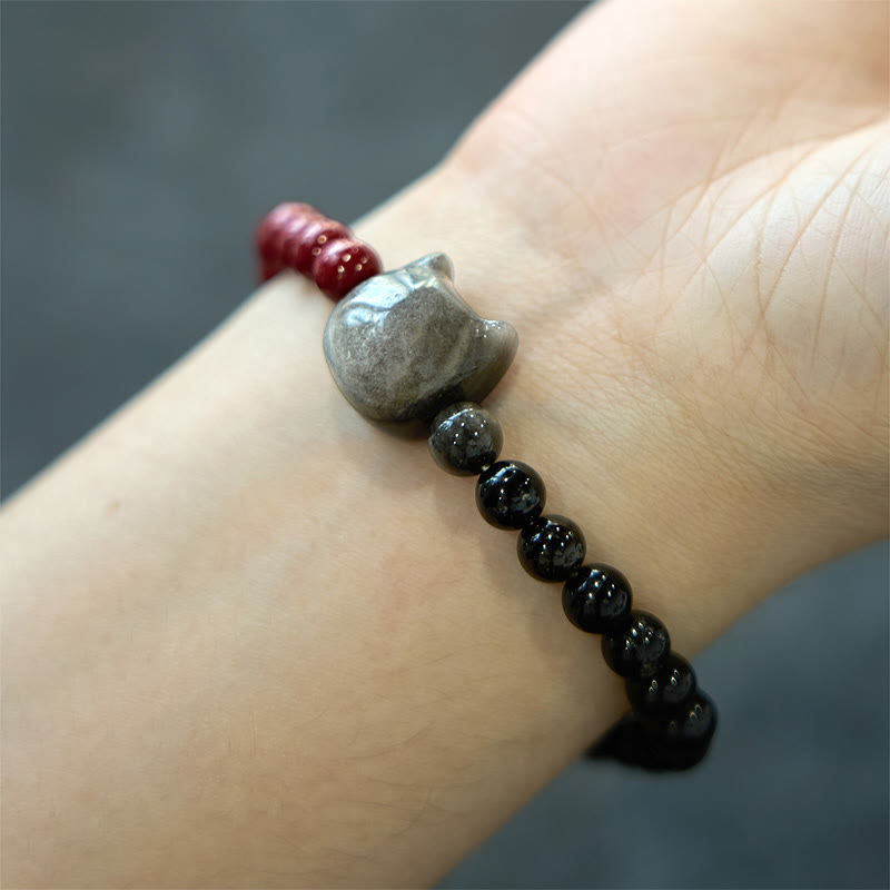 Mythstone Black Obsidian Cinnabar Silver Sheen Obsidian Cat Fulfilment Bracelet