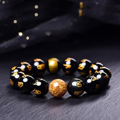 Mythstone Six True Words Om Mani Padme Hum Rainbow Obsidian Gold Foil Creativity Bracelet