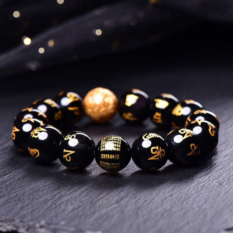 Mythstone Six True Words Om Mani Padme Hum Rainbow Obsidian Gold Foil Creativity Bracelet