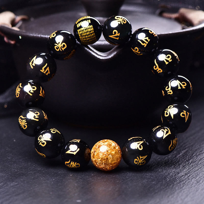 Mythstone Six True Words Om Mani Padme Hum Rainbow Obsidian Gold Foil Creativity Bracelet