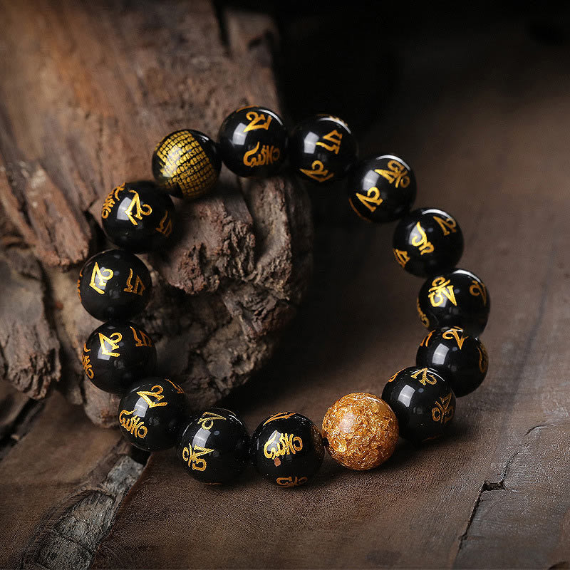 Mythstone Six True Words Om Mani Padme Hum Rainbow Obsidian Gold Foil Creativity Bracelet