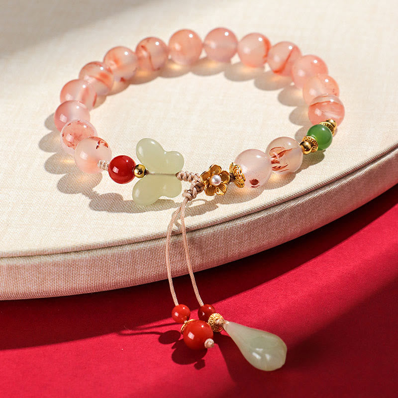 Mythstone South Red Agate Butterfly Orchid Hetian Jade Luck Bracelet