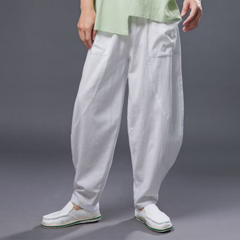 Mythstone Solid Color Cotton Ramie Linen Men's Elastic Waist Harem Pants With Pockets