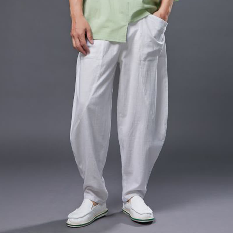 Mythstone Solid Color Cotton Ramie Linen Men's Elastic Waist Harem Pants With Pockets