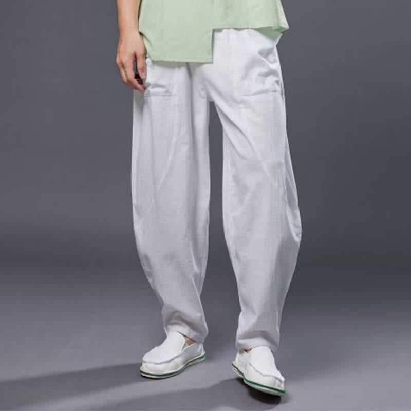 Mythstone Solid Color Cotton Ramie Linen Men's Elastic Waist Harem Pants With Pockets