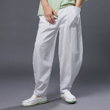 Mythstone Solid Color Cotton Ramie Linen Men's Elastic Waist Harem Pants With Pockets