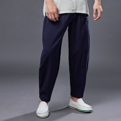 Mythstone Solid Color Cotton Ramie Linen Men's Elastic Waist Harem Pants With Pockets