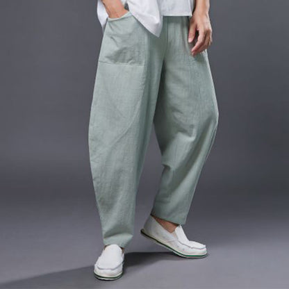 Mythstone Solid Color Cotton Ramie Linen Men's Elastic Waist Harem Pants With Pockets