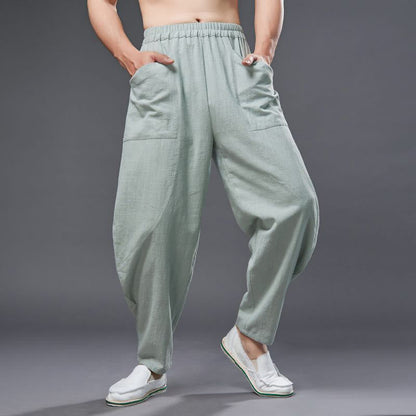 Mythstone Solid Color Cotton Ramie Linen Men's Elastic Waist Harem Pants With Pockets