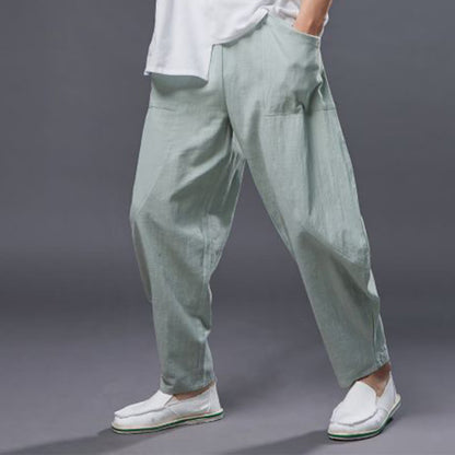 Mythstone Solid Color Cotton Ramie Linen Men's Elastic Waist Harem Pants With Pockets