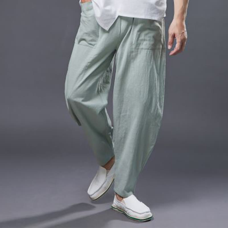 Mythstone Solid Color Cotton Ramie Linen Men's Elastic Waist Harem Pants With Pockets