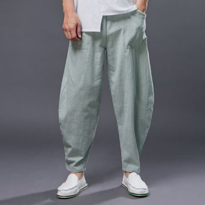 Mythstone Solid Color Cotton Ramie Linen Men's Elastic Waist Harem Pants With Pockets