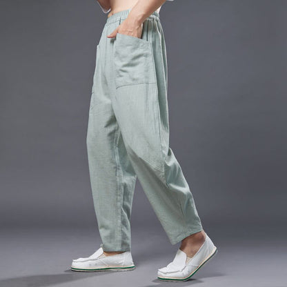 Mythstone Solid Color Cotton Ramie Linen Men's Elastic Waist Harem Pants With Pockets