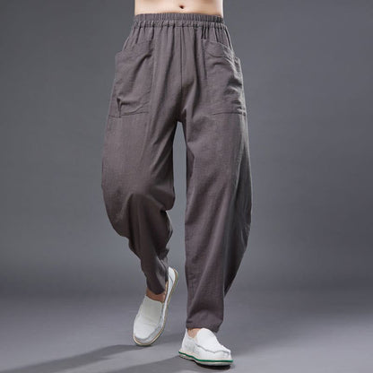 Mythstone Solid Color Cotton Ramie Linen Men's Elastic Waist Harem Pants With Pockets