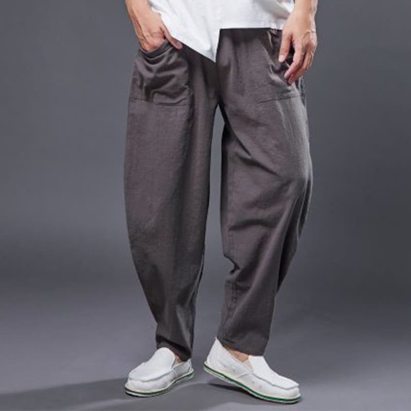 Mythstone Solid Color Cotton Ramie Linen Men's Elastic Waist Harem Pants With Pockets