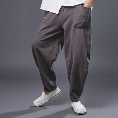 Mythstone Solid Color Cotton Ramie Linen Men's Elastic Waist Harem Pants With Pockets