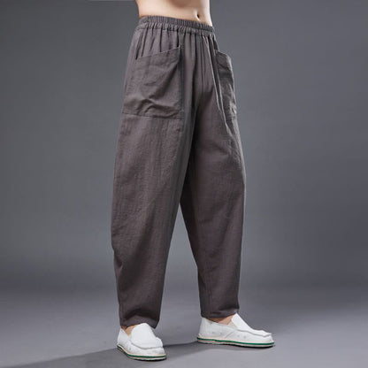 Mythstone Solid Color Cotton Ramie Linen Men's Elastic Waist Harem Pants With Pockets