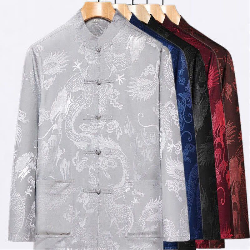 Mythstone 2Pcs Tang Suit Dragon Frog-Button Men's Long Sleeve Shirt Pants Clothing Set