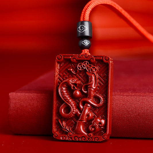 Mythstone Chinese Zodiac Cinnabar Rectangle Calm Necklace Pendant