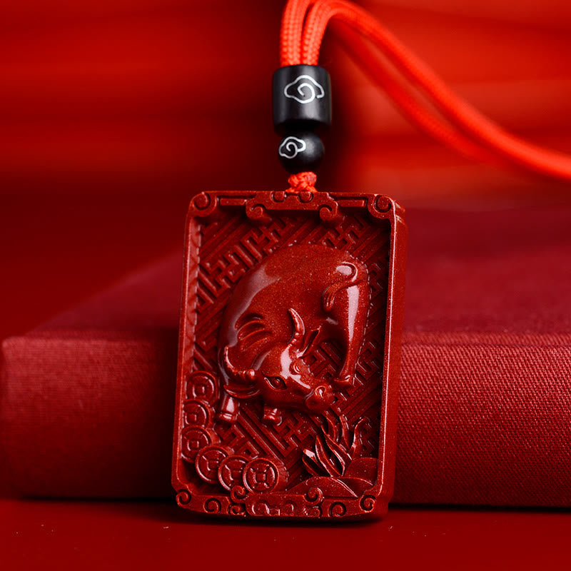 Mythstone Chinese Zodiac Cinnabar Rectangle Calm Necklace Pendant