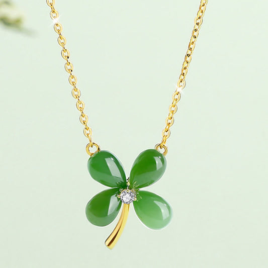 Mythstone Jade 925 Sterling Silver Four Leaf Clover Luck Necklace Pendant