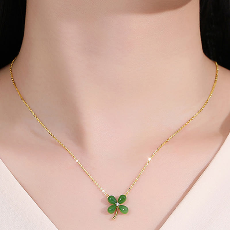 Mythstone Jade 925 Sterling Silver Four Leaf Clover Luck Necklace Pendant