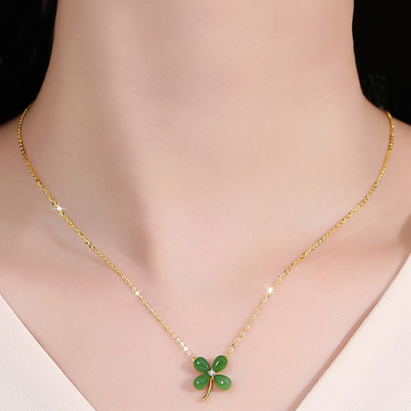 Mythstone Jade 925 Sterling Silver Four Leaf Clover Luck Necklace Pendant