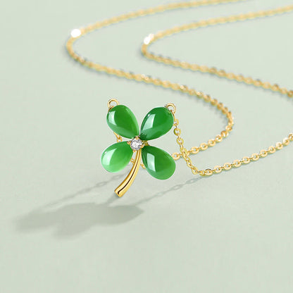 Mythstone Jade 925 Sterling Silver Four Leaf Clover Luck Necklace Pendant