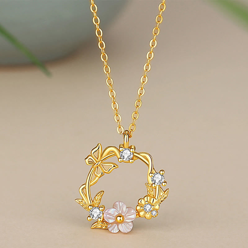 Mythstone 925 Sterling Silver Cubic Zirconia Shell Butterfly Peach Blossom Blessing Necklace Pendant