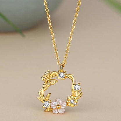 Mythstone 925 Sterling Silver Cubic Zirconia Shell Butterfly Peach Blossom Blessing Necklace Pendant