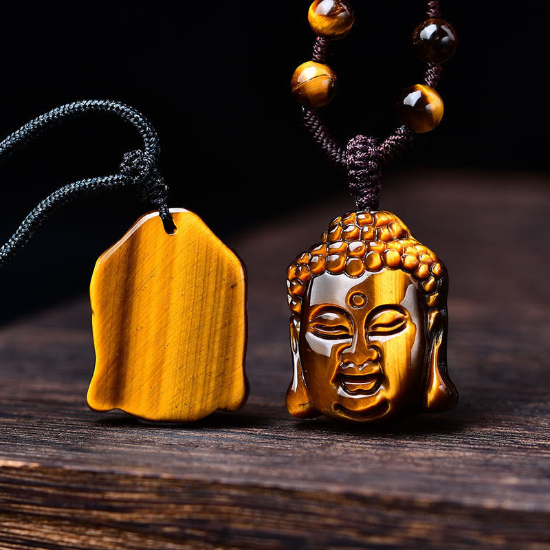 Mythstone Tiger Eye String Buddha Head Courage Necklace Pendant