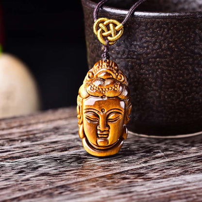 Mythstone Tiger Eye Kwan Yin Avalokitesvara Head String Strength Necklace Pendant