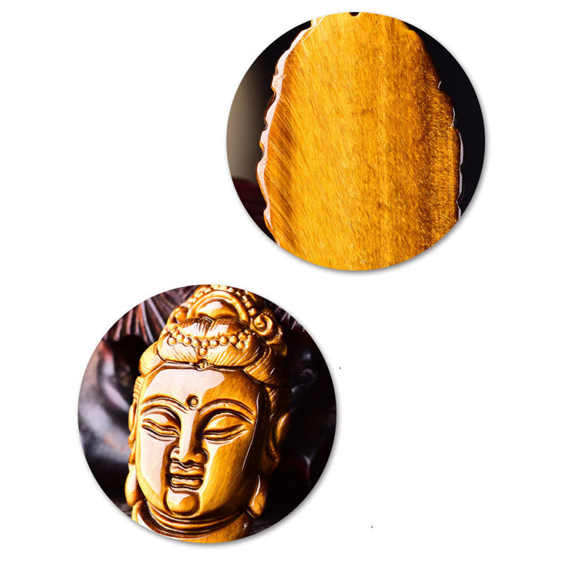 Mythstone Tiger Eye Kwan Yin Avalokitesvara Head String Strength Necklace Pendant